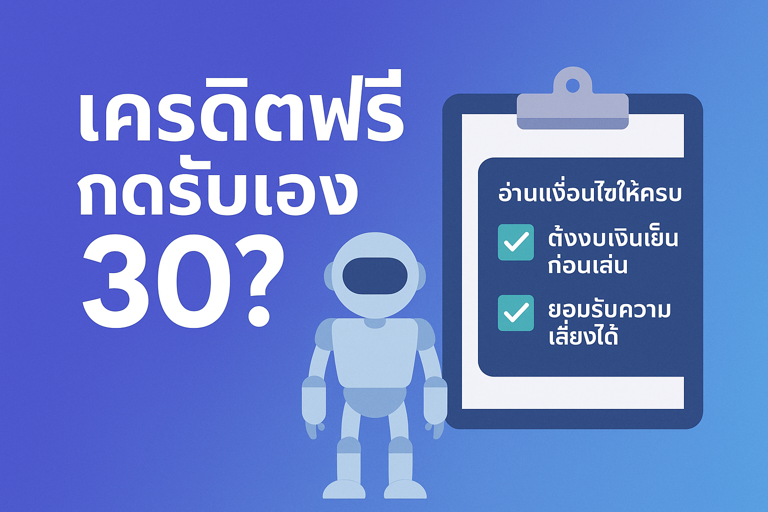 เครดิตฟรี กดรับเอง 30 คือของฟรีจริงหรือแค่กลยุทธ์ดึงคนเข้าเว็บ เจาะลึกเงื่อนไข เทิร์นโอเวอร์ ข้อดี–ข้อเสีย พร้อมเช็กลิสต์คิดให้ดีก่อนกดรับ เพื่อไม่ให้เงินเย็นกลายเป็นหนี้จากการพนันออนไลน์